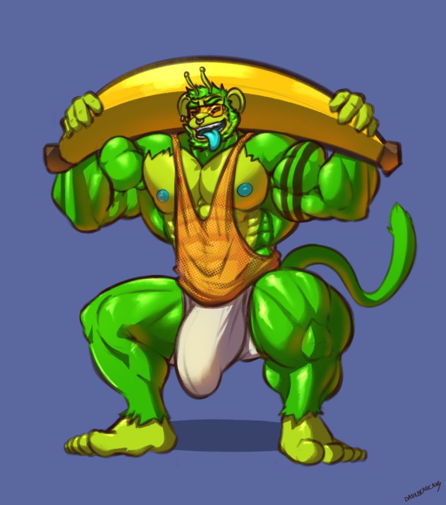 a big masculine alien monkey wearing an orange mesh tank top, orange visor and white shorts with a very hefty bulge squatting a huge banana 