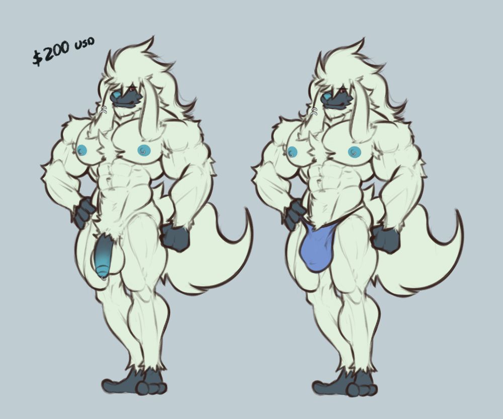 an adoptable character sheet of a beefy anthro furfrou; the left is nude, and the right has a light blue speedo on. he has 2 earrings on his right ear, nipple rings and a prince albert