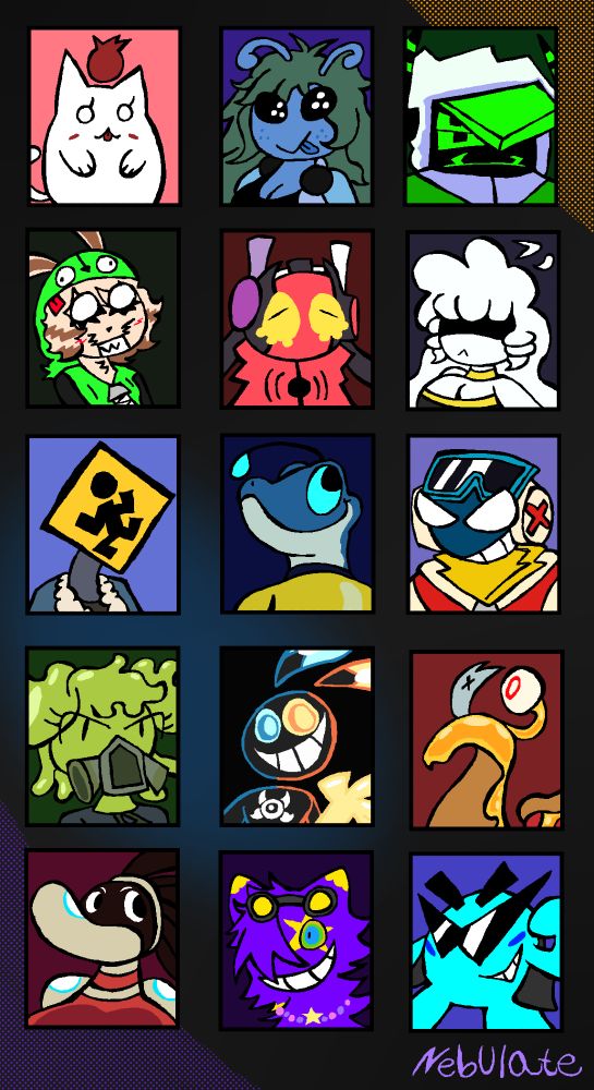 All the characters and their owners from left to right, up to down.


Pom Orb - RedCat
Serena - fentlockwood
4RACH -  JSuika
Keinzu - keinzu
Lono - BackupMissingNo
Pirouette - JimBagg
Sign Guy - Roman-Val-Go
Speedy Slicktail Jr -  CandySweetssJr
Zero - Wasabi_sabway
Urie Radd - Forks0rSpoons
Goldie - GLOOMYANON
Pizza Slug - ChocolateChipKraken
Lee - tscoct
Nyx - zanes_sh4rds
Ridgid Rhoad - JohnMulligan