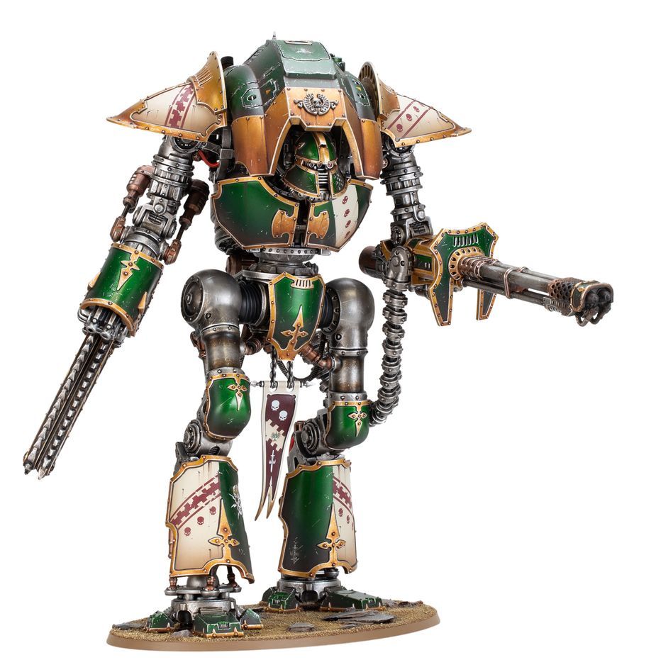 Image of a Knight Acheron from Warhammer 40K, in quartered green and cream colors, and bronze trim.