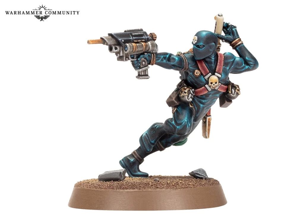 Image of an Adamus Assassin, from Warhammer The Horus Heresy. A ninja looking dude in a black bodysuit, firing a combination bolter and needle gun, while reaching for a katana on his back.