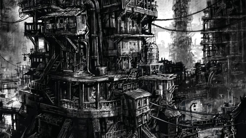Illustration: Black and white drawing of Imperial underhive from Warhammer 40,000. By David Bell.