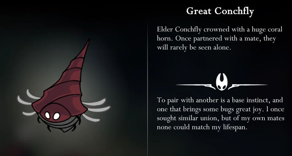 Screenshot from Silksong, of Hornet's hunter's journal. Relevant passage: "To pair with another is a base instinct, and one that brings some bugs great joy. I once sought similar union, but of my own mates none could match my lifespan."