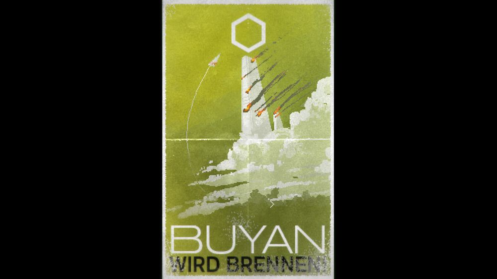 Illustration: Stylized propaganda poster of a sky city on fire, from video game Signalis. Caption reads: "Buyan Wird Brennen".