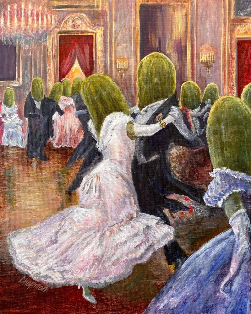 "Pickle Ball" (2023), by Travis Chapman; oil painting.
Depicts Victorian-style ballroom dance. Except all guests have pickle heads.
