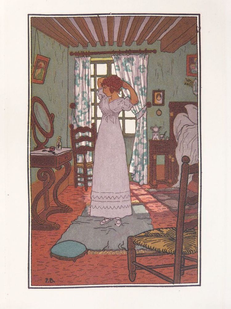illustration par Pierre Brissaud en 1913 du roman de Honoré de Balzac Eugénie Grandet, représentant une femme en robe blanche dans sa chambre qui se tresse les cheveux devant le miroir, couleurs vives