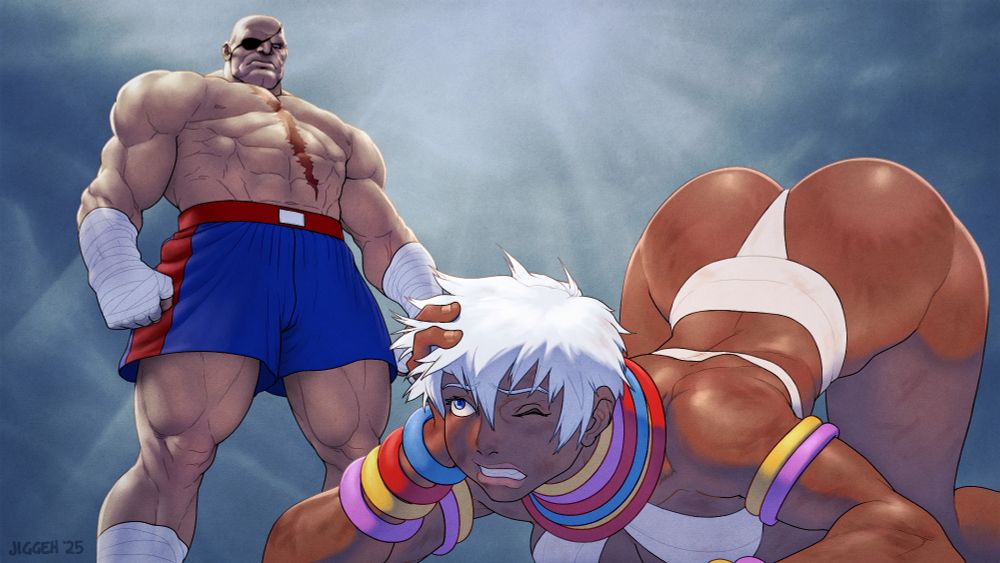 Sagat ominously towers over a defeated Elena, recreating the victory screen from Street Fighter III: New Generation.