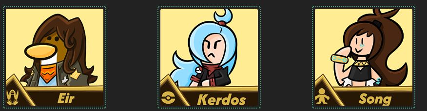 various icons with the names "Eir" "Kerdos" and "Song" on Artfight