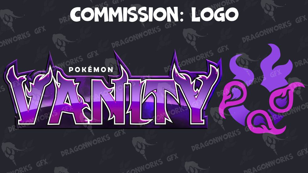 A primarily purple with magenta logo inspired by the pokemon sun and moon series logos with the text "Pokemon Vanity" for GhostTrainerAdam's fangame