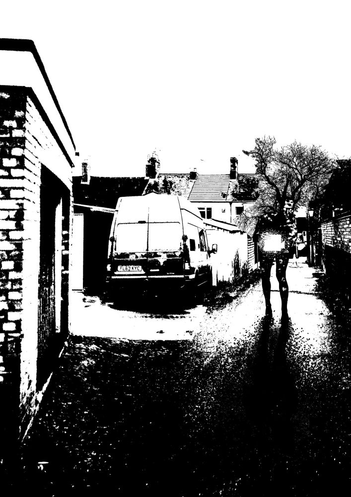 A creature holding a white box, walking down an alleyway. Branches grow out of its head. 