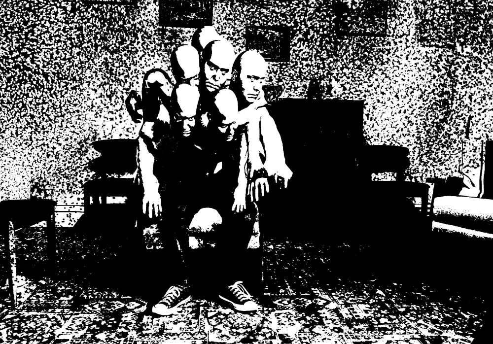 Strange man, multiplying from the waist up. Trying to get up from a chair. 