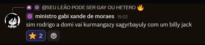 conversa no discord
usuária "ministro gabi xande de moraes": sim rodrigo a domi vai kurmangazy sagyrbayuly com um billy jack