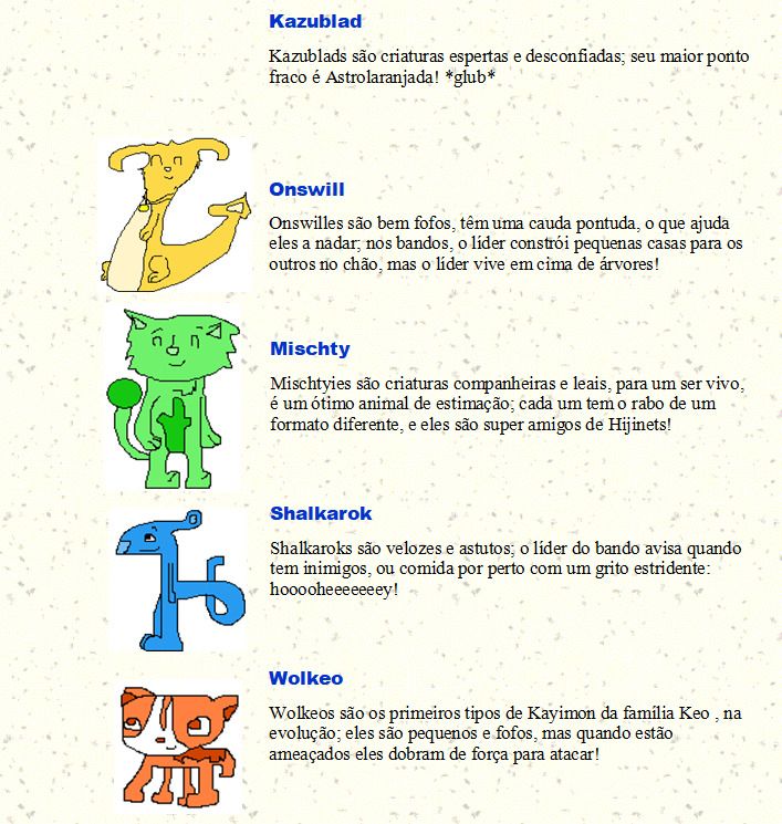 listas de imagens de espécies inventadas de bichinhos desenhadas no Paint, com os nomes de cada espécie e uma descrição de cada