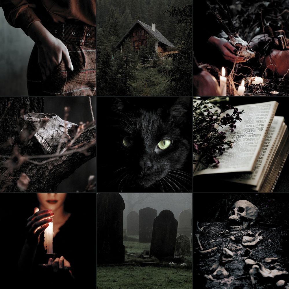 A collage of nine images in a grid. A feminine hand in the pocket of a pair of plaid pants. A log home in the middle of the woods. Hands holding a horned animal skull over candles. An animal skull in the crook of a tree branch. A black cat with green eyes staring straight ahead. An open book with flowers on top. A woman holding a melting white handle with a hand protecting the flame. Grave stones in a cemetery. A half buried human skeleton in the ground.