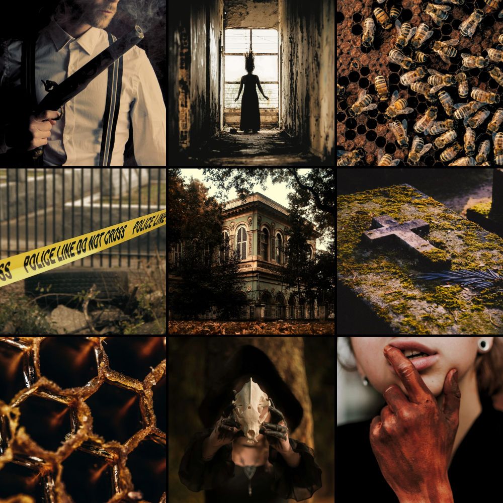A grid of nine images sourced from Unsplash, Pixabay, and Pexels. A man holding a smoking gun and looking off to the side. A woman with her hair sticking straight up while standing at the end of a decrepit hallway. A swarm of bees on honeycomb. Yellow tape that says "Police line do not cross." The corner of a large estate home surrounded by trees. A stone coffin covered in moss with a large cross on top. A close-up of a honeycomb. A hooded woman with blackened fingers holding an animal skull in front of her face. A woman holding her chin with a bloody hand.
