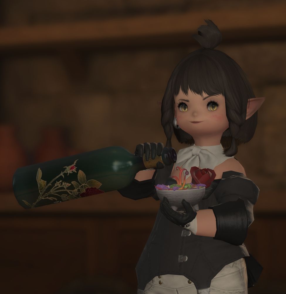 My lalafellin WoL pouring an alcoholic beverage into a bowl of... salad(?), smugly. The bottle is half her height.