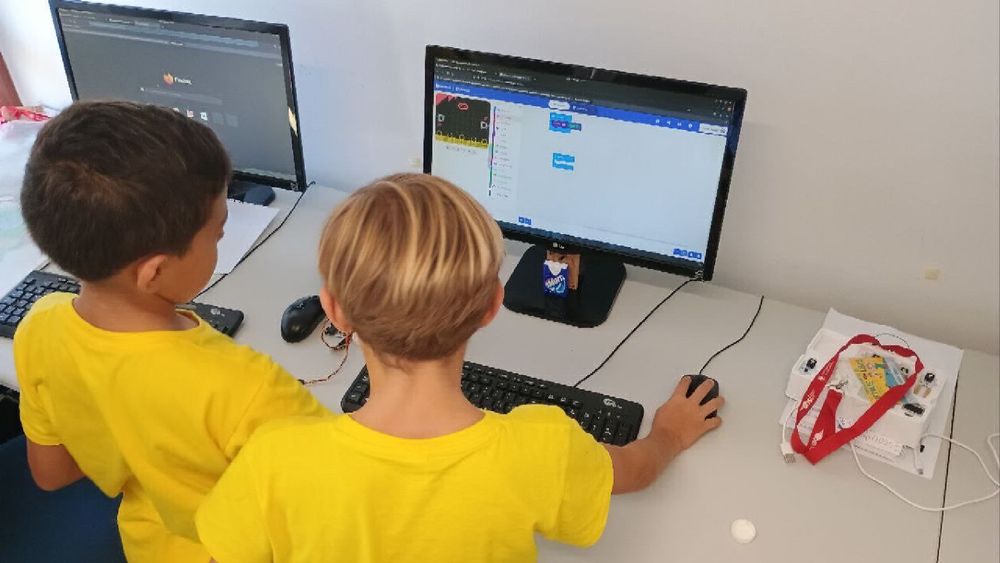 Dos niños programando la microbit