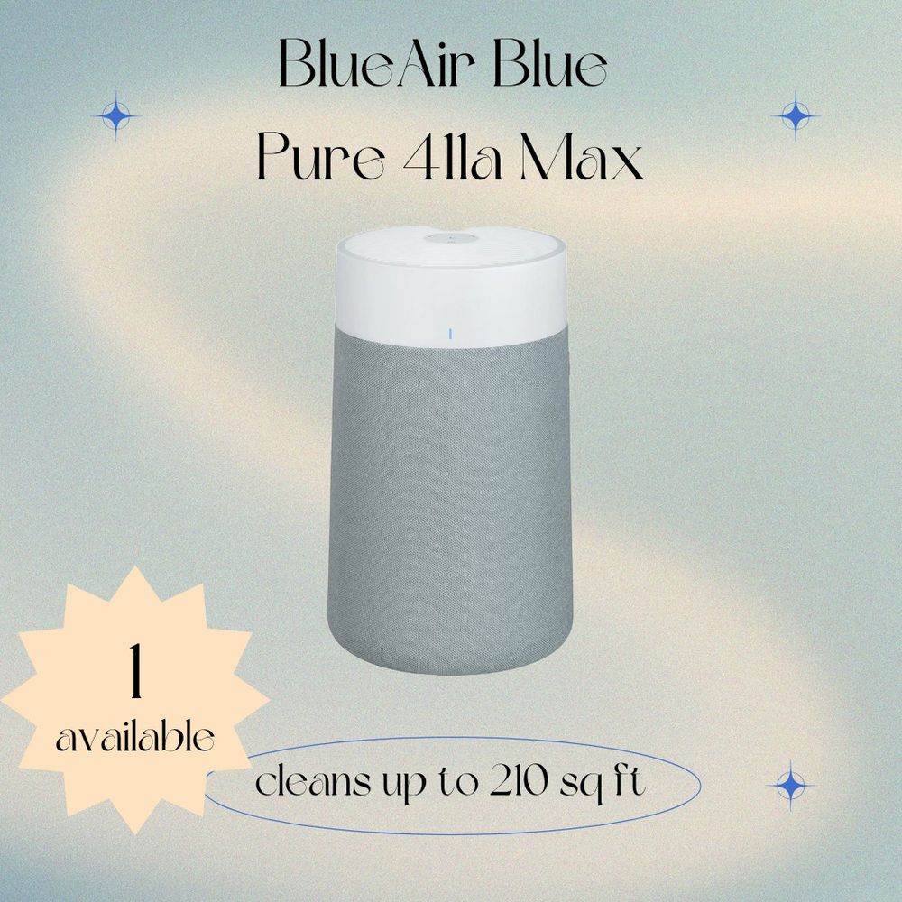 Black text and a photo of a white and gray cylindrical air purifier on a light blue and yellow gradient background. Blue Air Blue 411a Max. Cleans up to 210 square feet. One available.