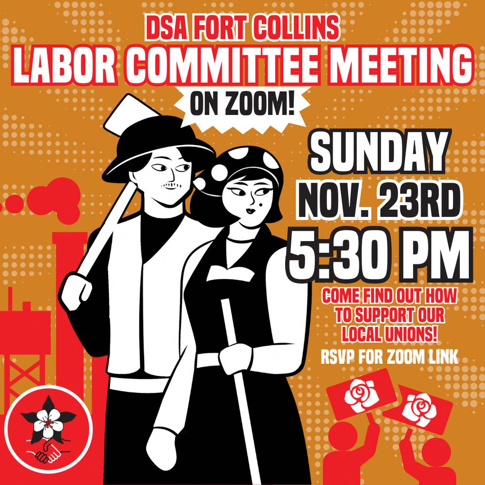 two workers standing behind a tan and red background. 