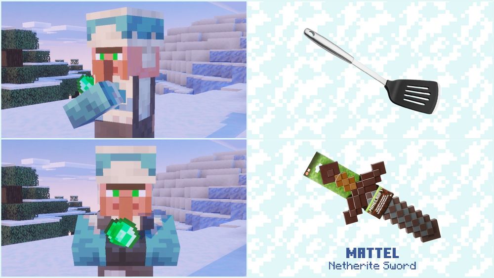Villager denying a trade for a spatula. Villager accepting a trade for a Mattel Netherite Sword