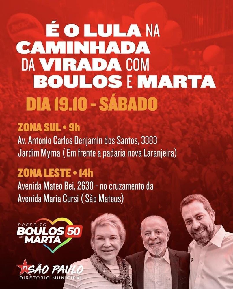 É amanhã Zona Sul às 9:00 e 

zona leste 14 horas