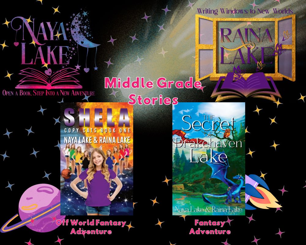 Naya Lake and Raina Lake Middle Grade Stories.
Book 1: Shela, an off world fantasy adventure.
Book 2: The Secret of Drakehaven Lake, a fantasy adventure.