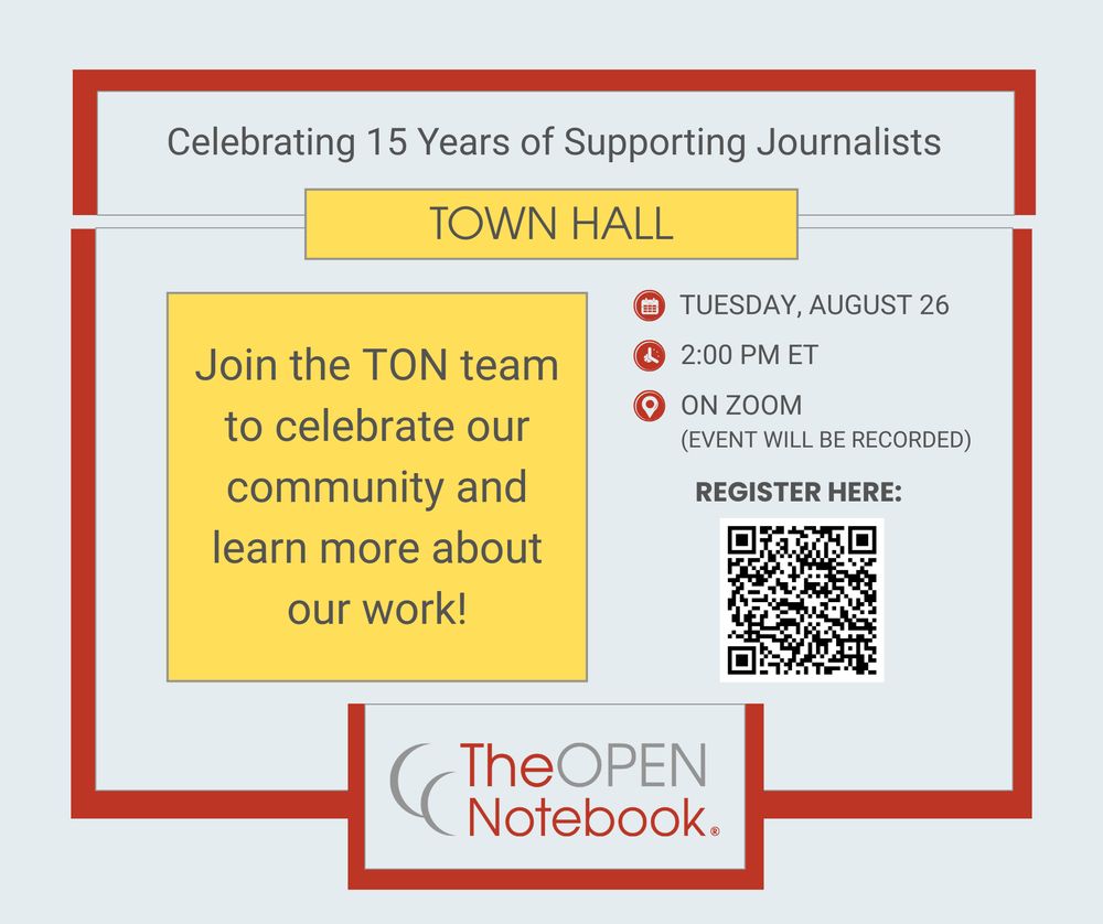 The Open Notebook: Celebrating 15 years of supporting journalists
TOWN HALL
Join the TON team to celebrate our community and learn more about our work!
Tuesday, August 26, 2pm ET on Zoom (event will be recorded)