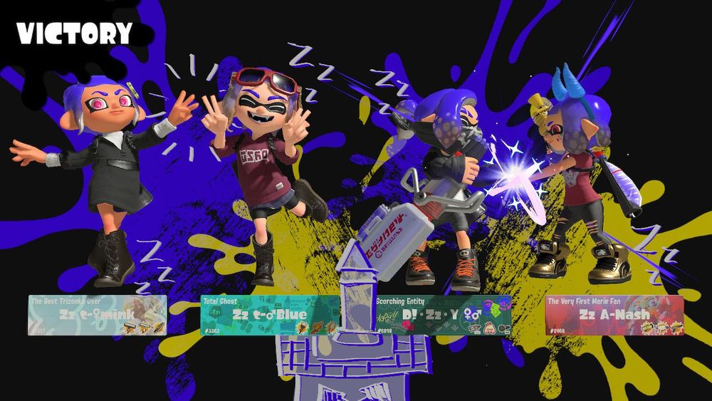 Splatoon 3 victory screen featuring the members of the Sleepy Squids. Dizzy and Nash are mid-fistbump on the right.

There is a small collection of scribbles added atop, namely triple Zs next to each player and a crude drawing of the tower as seen in tower control, all of which are drawn in a silver with blue accents.