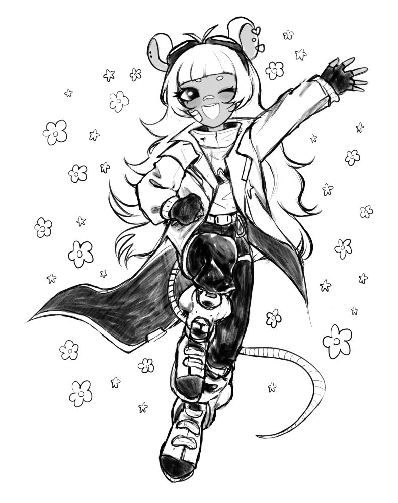 rat kemomimi dressed up as Venture from Overwatch in a jumping pose and winking 
