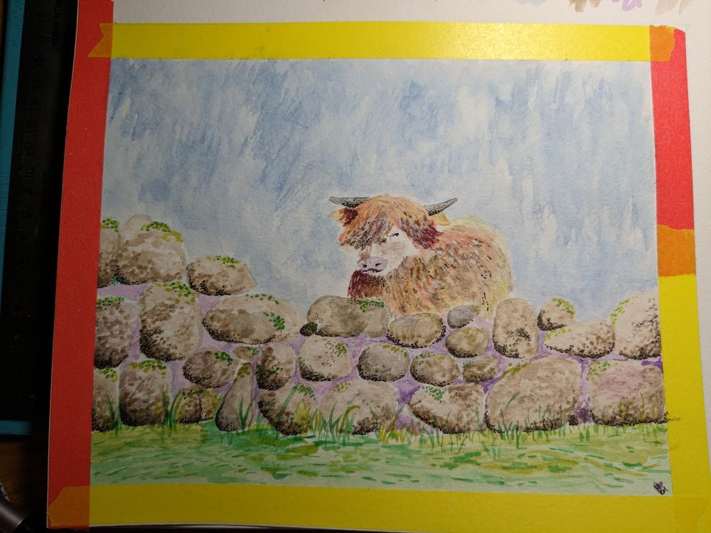 Watercolor painting of a highland cow behind a low stone wall, blue sky behind it all