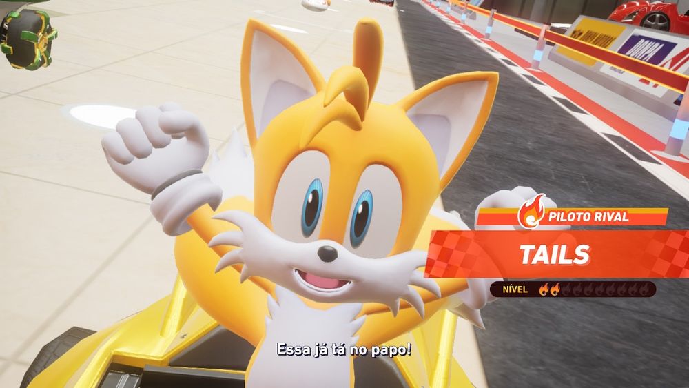 Tails no Sonic Racing Crossworlds dizendo a frase “Essa já tá no papo!”