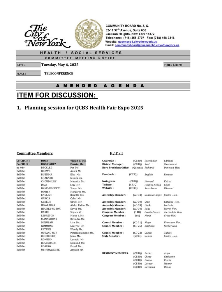 Agenda for Queens Community Board 3 – Health and Social Services Committee Meeting on Tuesday, May 6, 2025 at 6:30 PM

Item for Discussion: Planning session for Health Fair Expo