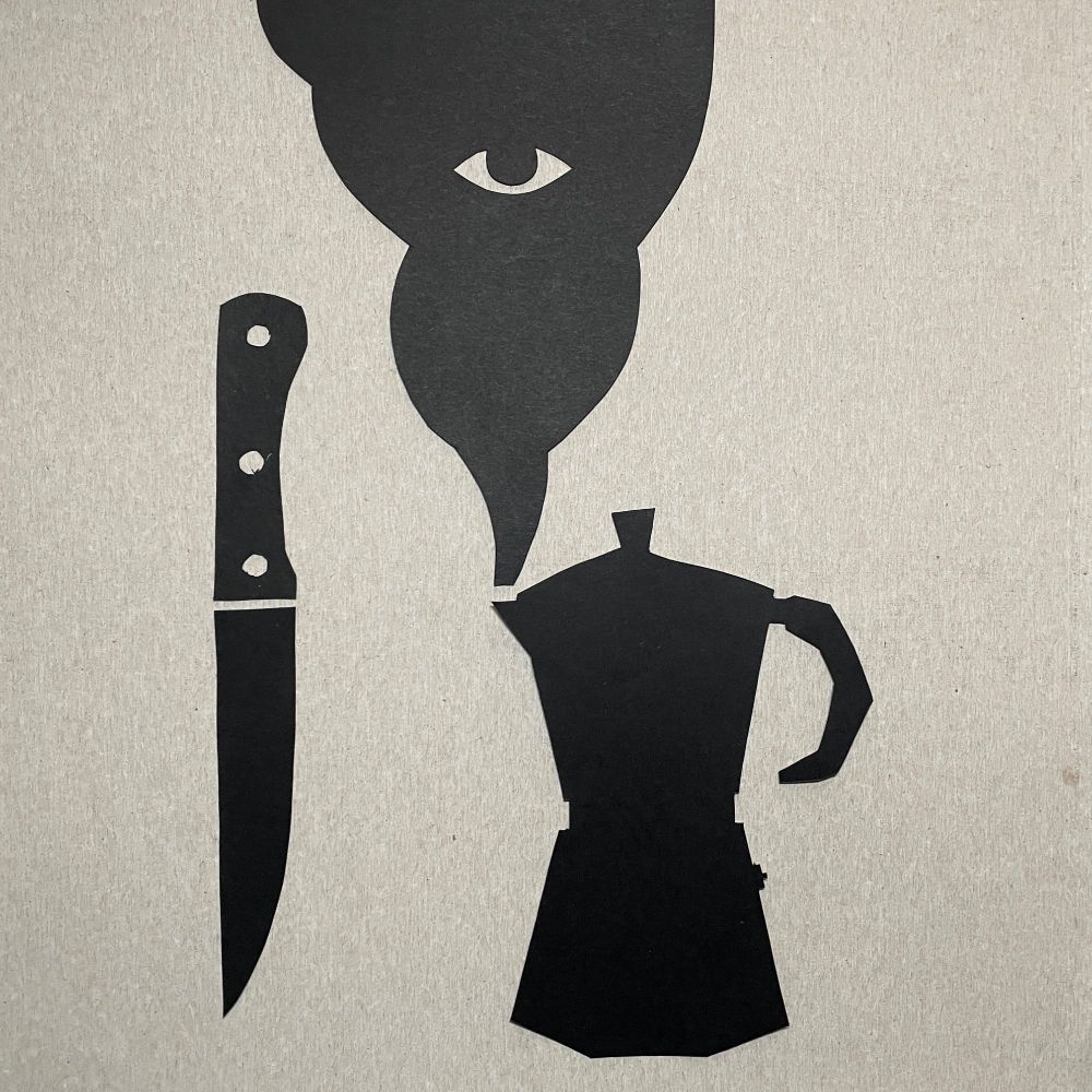 black paper cut outs of a stove top espresso machine and a big kitchen knife. there is steam coming out of the espresso maker, and there is an eye in the steam. 