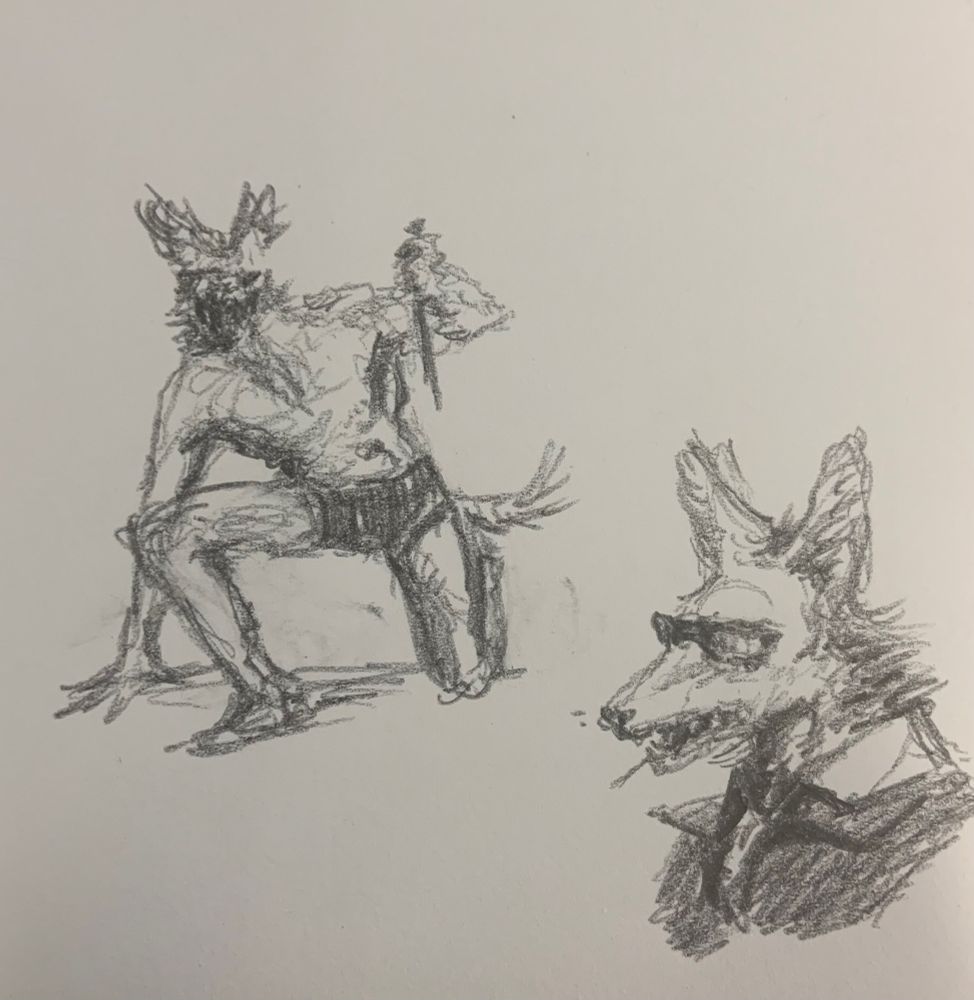 Messy sketches of a jackal, one crouched on the floor with a knife in his hand, naked except for a pair of undergarments. The other is a headshot of the same jackal with a toothpick in his mouth.
