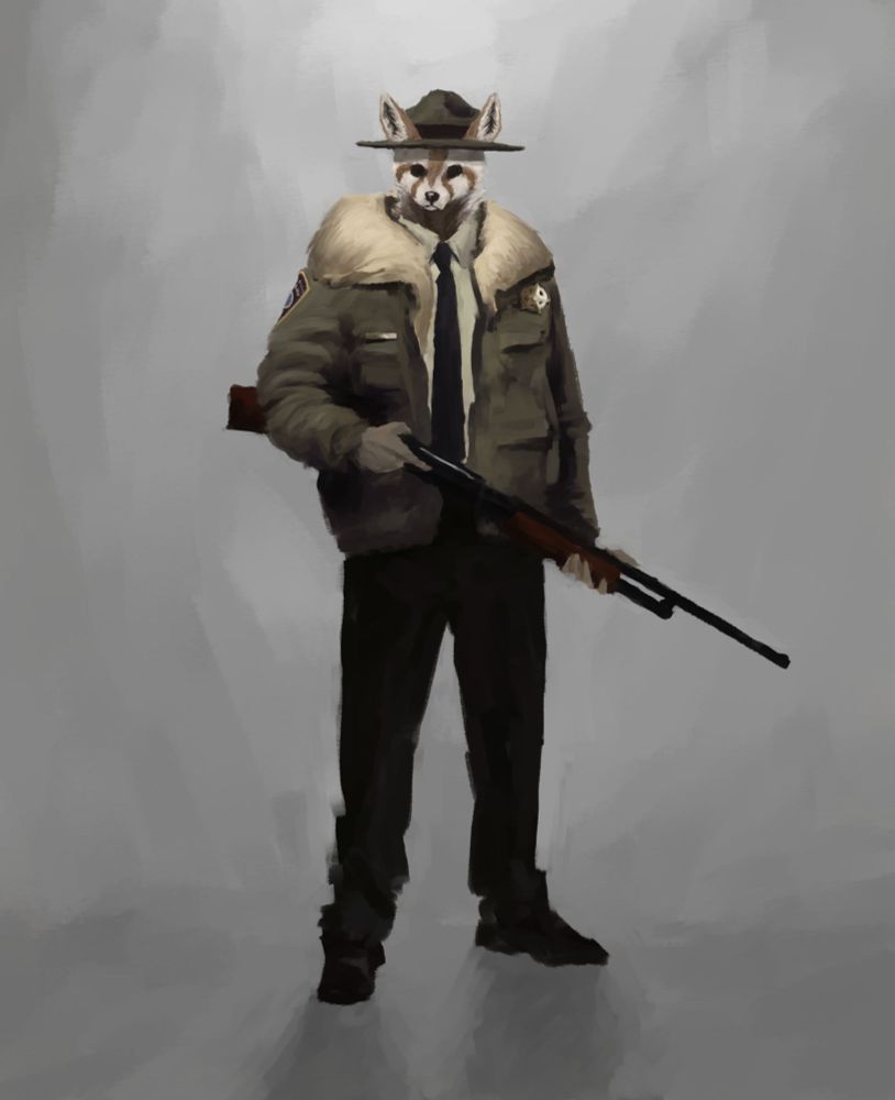 An office dressed in a tan shirt, black slacks and a green coat with a large white collar. He has a green hat the same colour of his coat and is holding a shotgun.