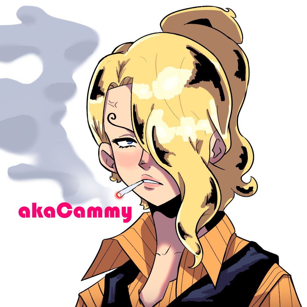 Redraw of Sanji from One Piece, but what if she was a trans woman! Also, she's smoking, has a ponytail, and his wearing an orange dress shirt with a vest