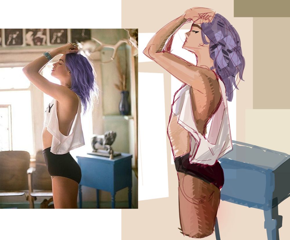 art study of a feminine-bodied person with purple hair, very flowy tank top(?), and black shorts.