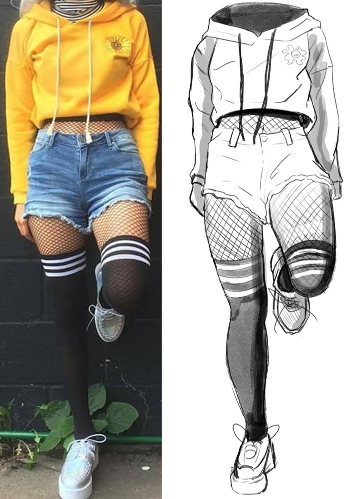 Sketch from reference of a person leaning against the wall, wearing a cropped hoodie, jean shorts, thigh high socks, and fishnets. Head is not shown.