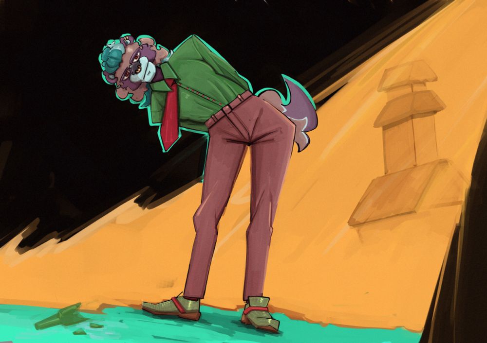 Tanuki tilting to her right, there's a broken bottle on the ground and a vague sketch of a building in the yellow background 