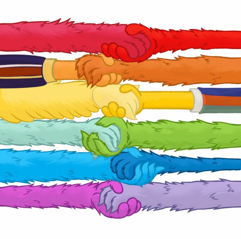 Sesame Street character hands holding onto one another’s hands. All different colors in celebration of PRIDE