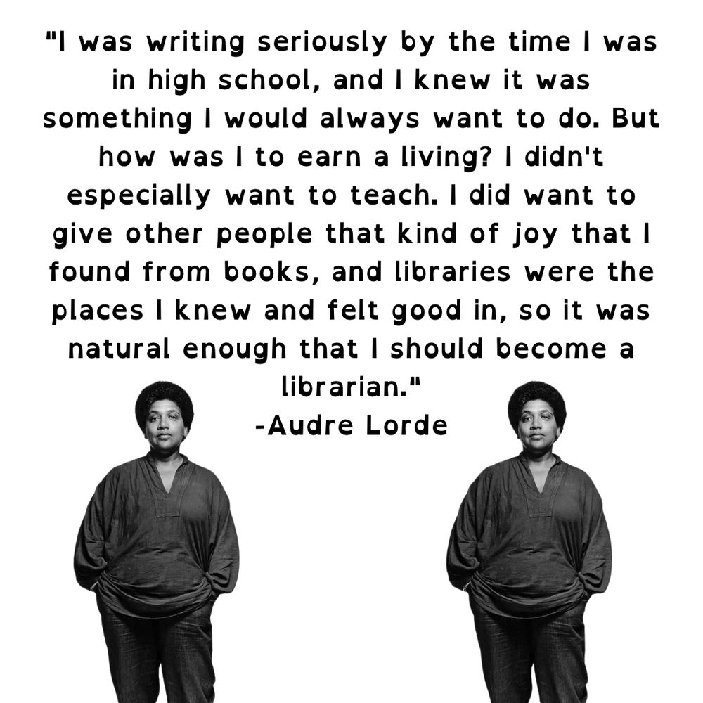 Black and white powerful images (x2) of Audre Lorde standing with her hands in her pockets. Text reads: 