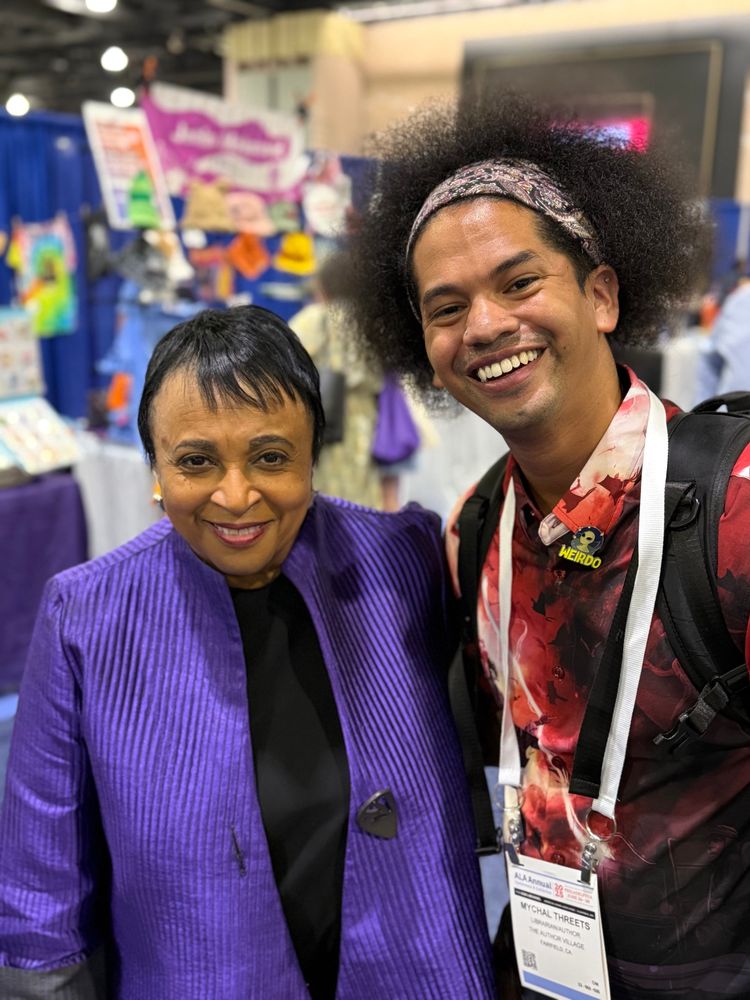 Dr. Carla Hayden and Mychal Threets smile together for a photo at the 2025 American Library Association annual conference in Philadelphia 