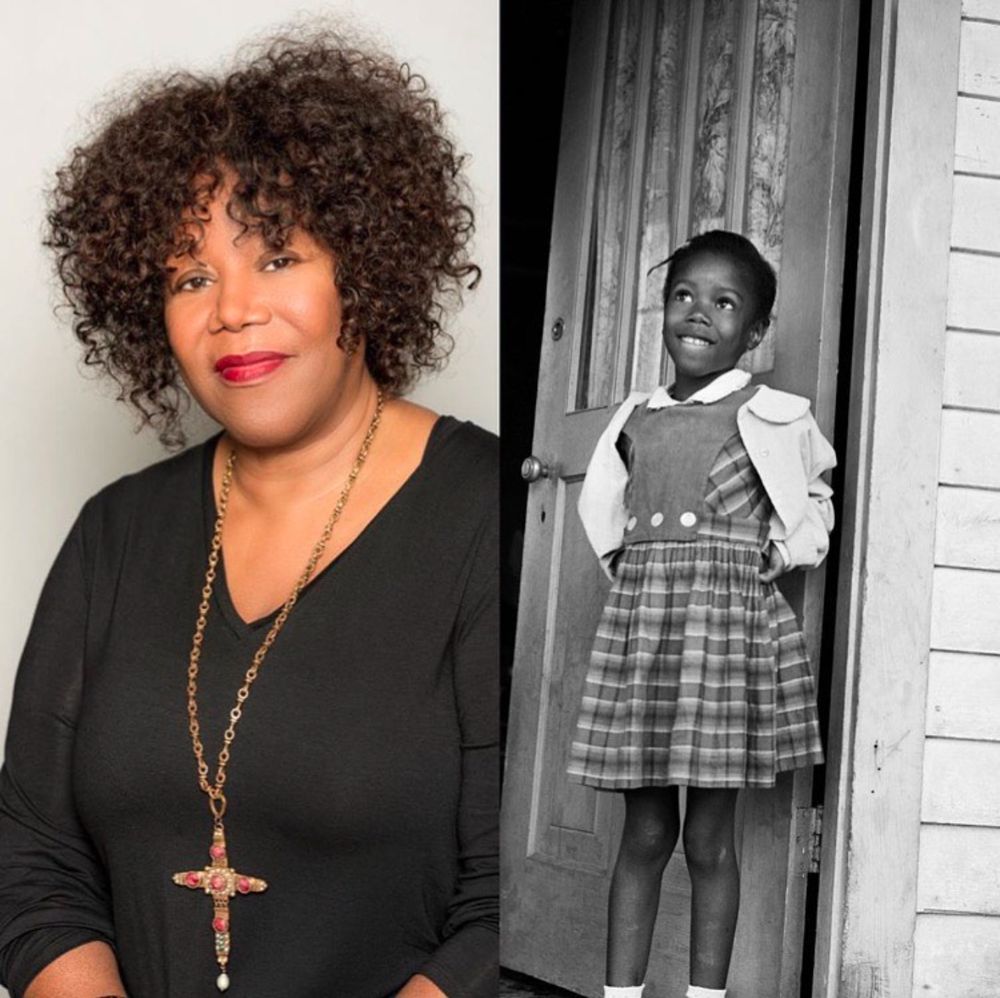 Ruby Bridges today on the left, Ruby Bridges as a child on the right (smiling and standing proudly)