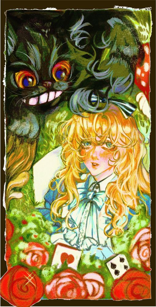The illustration of Alice in the Wonderland characters (Alice, a girl with golden blonde hair and blue dress. And Cheshire Cat smiling look down forward to her).