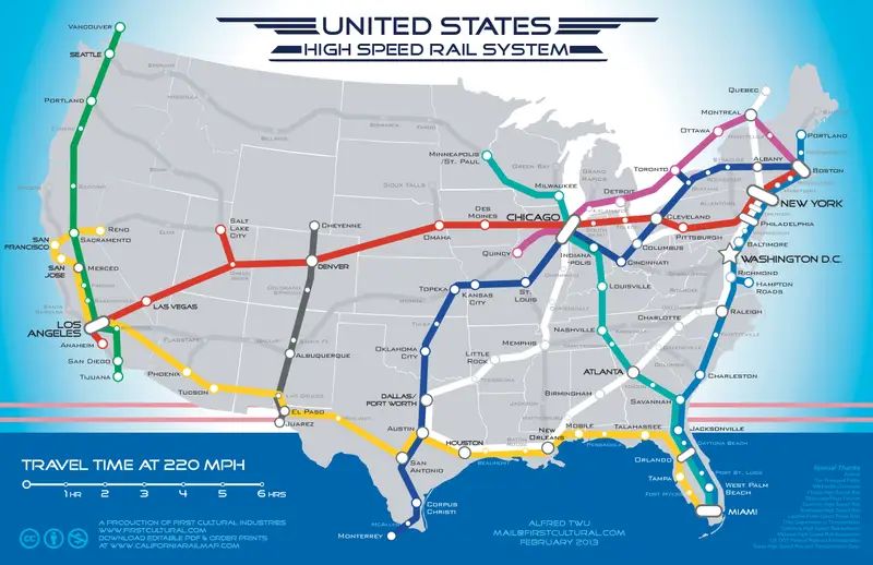 A map of the continental United States with proposed high speed rail routes across the country connecting major cities. 