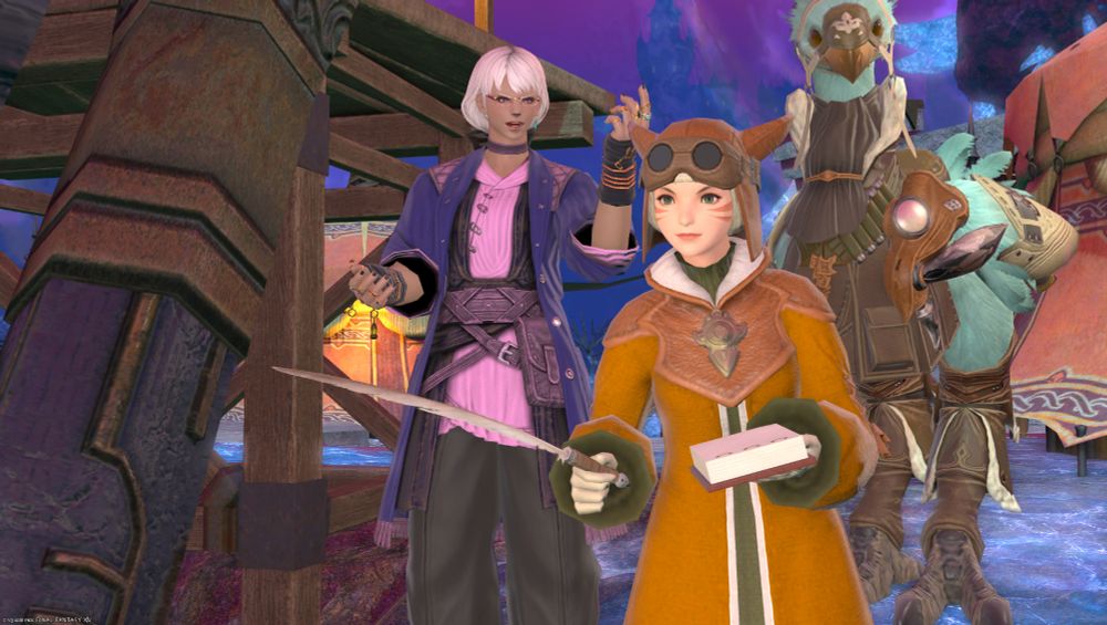 Temple and Foggy attempt to talk with a very focused Miqo'te researcher with a notepad and quill.