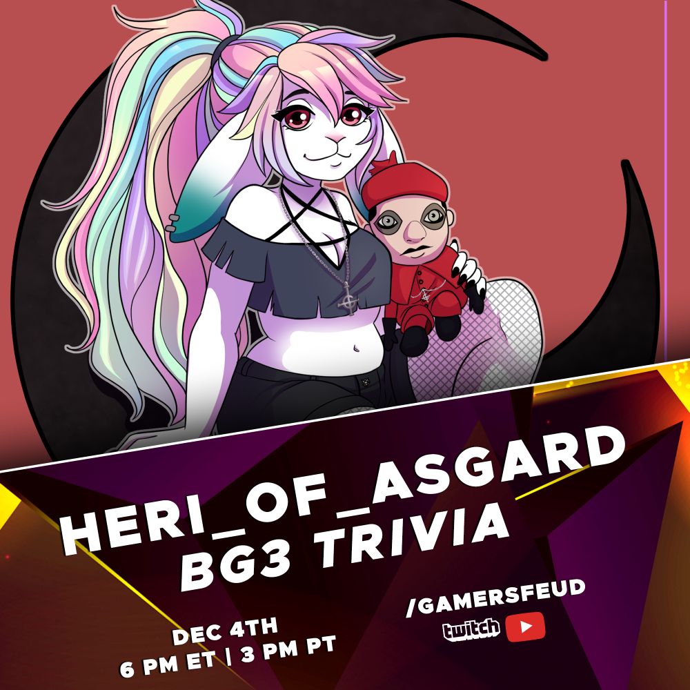 Image of a white anthropomorphic bunny holding a plushie, with the text “Heri_of_Asgard BG3 Trivia” followed by Dec 4th, 6pm ET | 3pm PT