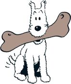 A drawing of the dig Snowy from the Tintin comic books, sitting facing us and holding a large brown bone in his mouth. 