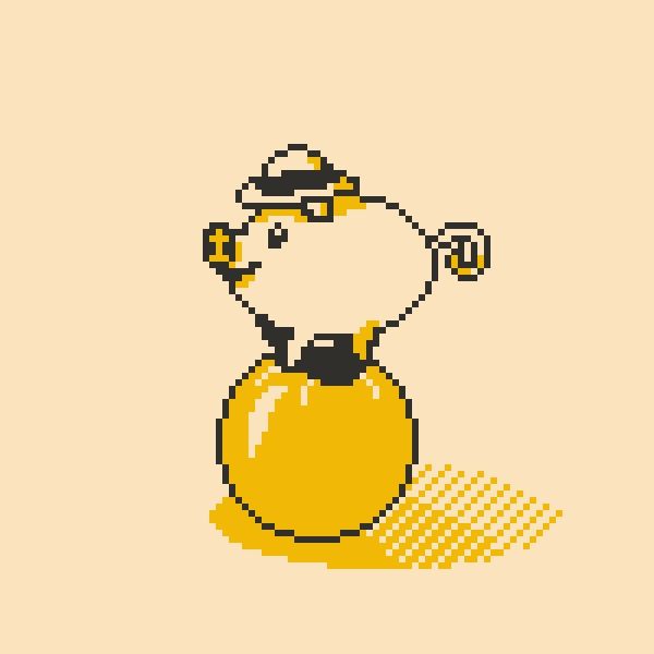 Pixel art illustration of a little, happy-looking pig taking a ride on a plastic ball. It is wearing a sunhat.