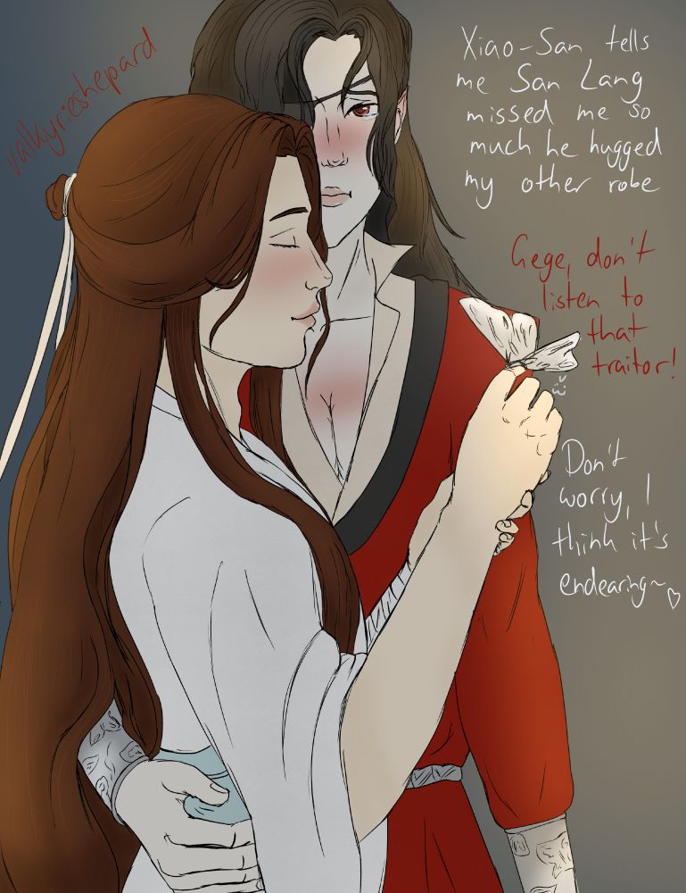 Xie Lian holding a butterfly on his hand. Hua Cheng is behind him, an arm around his waist. Text reads: Xie Lian: "Xiao-San tells me San Lang missed me so much, he hugged my other robe." Hua Cheng: "Gege, don't listen to that traitor!" Xie Lian: "Don't worry, I think it's endearing."
